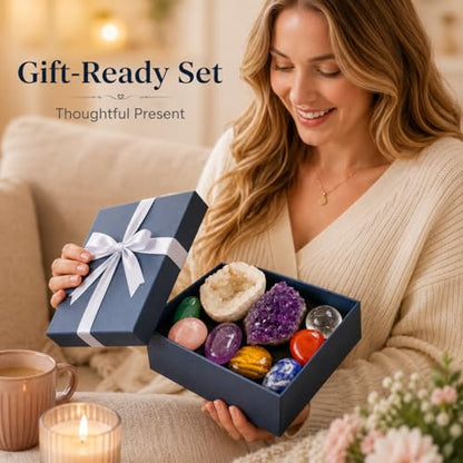 Crystal Stone Set Mineral Specimen Kit with Tumbled Stones Amethyst Cluster and Geode Rock
