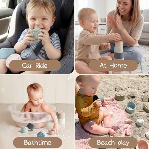 Moonkie Stacking Cups Toy, Fun Educational Baby Toys Silicone Soft Teething Toy, Age 6+ Months, 7 Piece Set - color: Fine Day