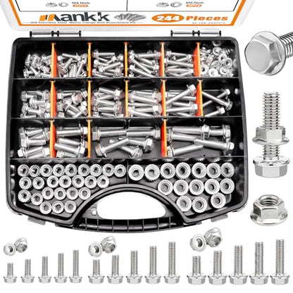 mankk 244PCS 304 Stainless Steel Metric Flange Bolts and Nuts Assortment Kit M5/M6/M8(10mm to 35mm) Hex Bolts and Nuts Kit for Automotive - size: 244PCS M5 M6 M8, style: Flange Bolt