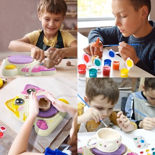 Roaxkois Pottery Wheel for Kids – Complete DIY Arts & Crafts Painting Kit with Air Dry Clay, Paints, Tools, Apron & Stickers – Creative Gift for Girls & Boys Ages 6 7 8 9 10 11 12+