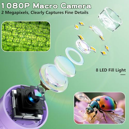 Odatay 1000X Digital Kids Microscope Kit with 12 Slides & 2" Screen, Purple - color: Purple