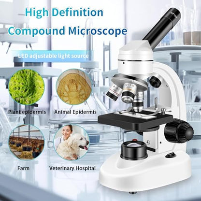 Compound MicroscopeWF10x and WF25x Eyepieces, Slides for Students, Home School Lab Microscope for Adults Suitable for Laboratory School (Bright White)