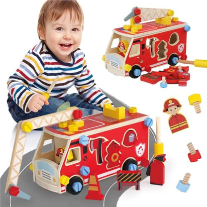 LOVELAND Wooden Fire Truck Toy, Take Apart STEM Building Set with Kid-Safe Screwdriver & 6 Shape Sorter Tools, DIY Montessori Construction Vehicle, Pretend Play Educational Gift for Boys Girls Ages 3+