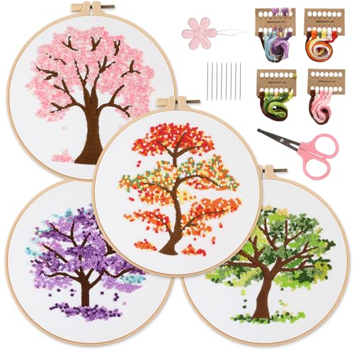Sivilife Embroidery Starter Kit for Beginners, 4 Sets Stamped Cross Stitch Kits for Adult, Seasonal Tree Pattern Hand DIY Kits with 2 Embroidery Hoop Instructions Color Threads Needles and Scissor