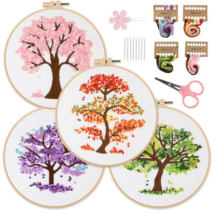 Sivilife Embroidery Starter Kit for Beginners, 4 Sets Stamped Cross Stitch Kits for Adult, Seasonal Tree Pattern Hand DIY Kits with 2 Embroidery Hoop Instructions Color Threads Needles and Scissor