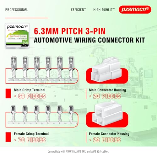 185 Pieces / 23 Sets Automotive Wire Connector 6.3mm 3-Pin Kit - size: 3-Pin, style: 6.3mm Connector