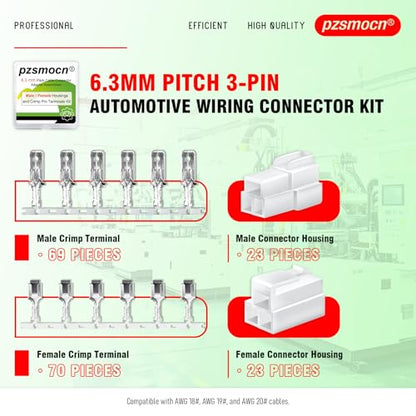 185 Pieces / 23 Sets Automotive Wire Connector 6.3mm 3-Pin Kit - size: 3-Pin, style: 6.3mm Connector