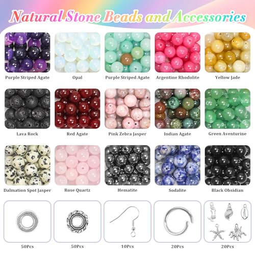 Ouubuuy Stone Beads for Bracelets, Bulk 8mm Gemstone Beads for Bracelets,Natural Stone Beads for Jewelry Making,Crystal Beads for Bracelet Making Kit