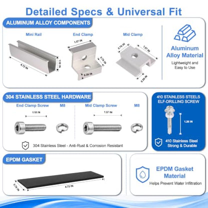 Solar Panel Mounting Kit -10 Rails,4 End+6 Mid Clamps,20 Screws,1 Allen Key for 4 Panels Side by Side,DIY Installation,Anodized Aluminum,Fits 1.18″ to 1.38″ Frames,Rustproof,for RV/Boat/Home Roofs