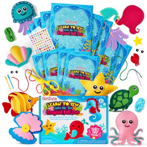 GirlZone Under the Sea Sewing Kit for Kids, Easy Embroidery & Felt Crafts, Make Adorable Sea Creatures with Pre-Punched Shapes & Patterns, Creative Sewing Kit for Kids Ages 3–14
