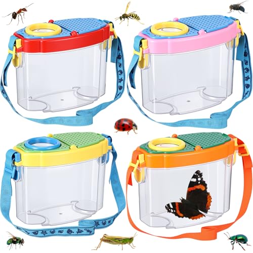 Halloscume 4 Pcs Bug Catcher for Kids Collector Toy Bug Habitat with Magnified Viewer, Insect Habitat, Outdoor Toys, Insect Box Magnifying Tools & Carry Strap - Educational Outdoor Adventure Gift
