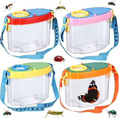 Halloscume 4 Pcs Bug Catcher for Kids Collector Toy Bug Habitat with Magnified Viewer, Insect Habitat, Outdoor Toys, Insect Box Magnifying Tools & Carry Strap - Educational Outdoor Adventure Gift