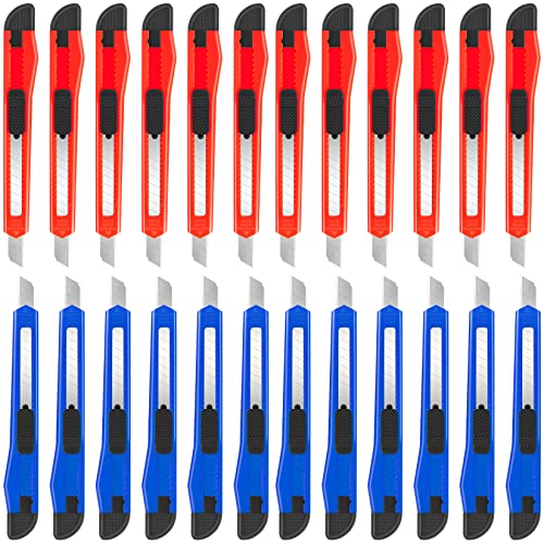 24 Pack Box Cutter Retractable, Utility Knife with 9mm Wide Snap-Off Blade, Small Box Opener Exacto Knife, Lightweight, Sharp Paper Knives for Office, Home, Crafts - color: Red-blue