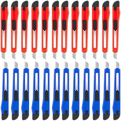 24 Pack Box Cutter Retractable, Utility Knife with 9mm Wide Snap-Off Blade, Small Box Opener Exacto Knife, Lightweight, Sharp Paper Knives for Office, Home, Crafts - color: Red-blue