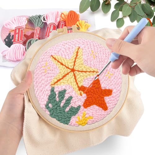 ERKOON Punch Needle Kit Adults Beginners, DIY Easy Sea Animals Embroidery Set for Starter Art Craft, Needling Punch Project with Patterns, Tools, Yarns, Hoop, Instruction (Starfish) - color: Starfish