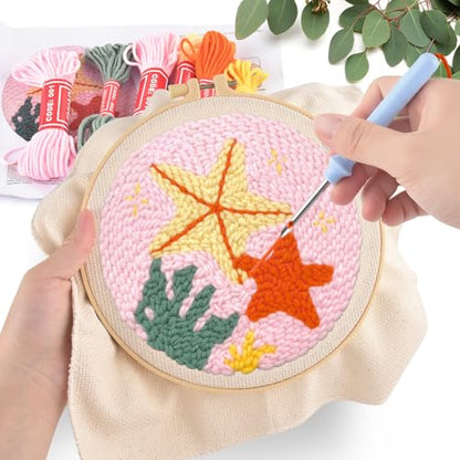 ERKOON Punch Needle Kit Adults Beginners, DIY Easy Sea Animals Embroidery Set for Starter Art Craft, Needling Punch Project with Patterns, Tools, Yarns, Hoop, Instruction (Starfish) - color: Starfish