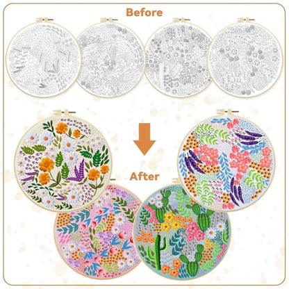 BEUNITONE 4 Set Covered Flower Embroidery Kit for Beginners 7.9"x7.9" - style: B-Grassland Plants