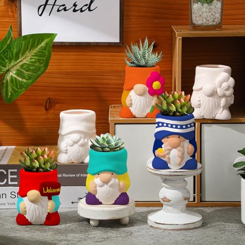 Beeveer 6 Sets Paint Your Own Gnomes Succulent Planter Cute Mini Unpainted Flower Pots DIY Paintable Succulent Pots for Christmas Classroom DIY Craft Project Activity - style: Gnome