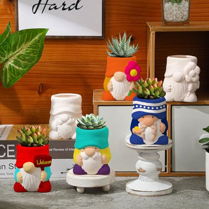 Beeveer 6 Sets Paint Your Own Gnomes Succulent Planter Cute Mini Unpainted Flower Pots DIY Paintable Succulent Pots for Christmas Classroom DIY Craft Project Activity - style: Gnome
