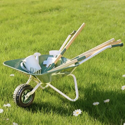 ROBOTIME Kids Wheelbarrow with Gardening Set – Metal Wheelbarrow Toddler Outdoor Play Toy with Garden Tools, Watering Can & Plant Labels, Pretend Play Yard Equipment for Boys and Girls (Green) - color: Green