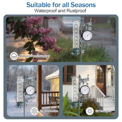 Rain Gauge Best Rated with Thermometer, Freeze Proof & Weatherproof - color: Bird & Flowe (Blue)