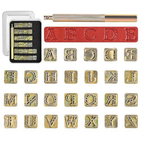 BESTNULE 27pcs Leather Stamps, Leather Stamping Kit, Leathercraft Stamping Tool Set, 26PCS Capital Letter Leather Stamps 9.5mm + 1 Stamping Handle for Leather Craft - color: 9.5mm(27pcs)