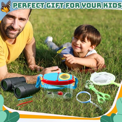 VioraWhite 6 Sets Bug Catcher Kit for Kids Outdoor Explorer Kit Summer Bug Collection Kit with Kids Binoculars Butterfly Net Magnifying Glasses Tweezers Bug Observation Containers with Shoulder Strap
