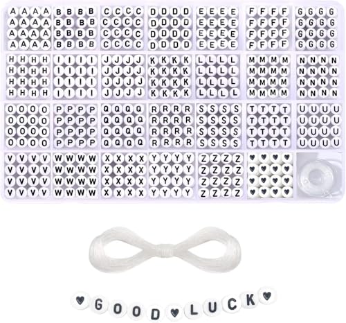 1400 Pieces 4x7mm White Round Acrylic Alphabet Letter Beads A-Z Heart Pattern Beads and Crystal Line for Jewelry Making Bracelets Necklaces Key Chains - color: D