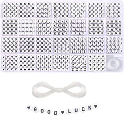 1400 Pieces 4x7mm White Round Acrylic Alphabet Letter Beads A-Z Heart Pattern Beads and Crystal Line for Jewelry Making Bracelets Necklaces Key Chains - color: D