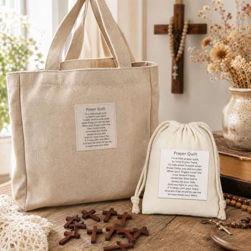 50Pcs Pocket Prayer Quilt Labels Bulk with Mini Wooden Cross Baptism Favors