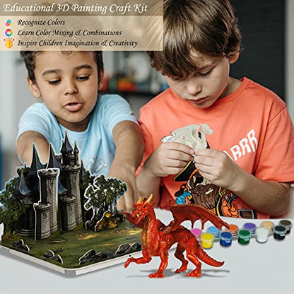 Kids Arts Crafts Set - Dragon Toys Painting Kit with 3 Dragons Figurines and 3D Jigsaw Puzzle Castle, Best Tween Paint Gift to Create Own Powerful Dragon - color: DRAGON