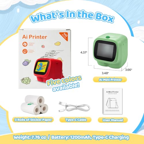 AI Voice Sticker Maker for Kids, Mini Thermal Printer, Green Dino - color: Green