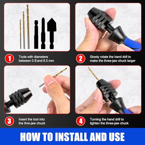 Hand Vise Hand Drill Manual Adjustable Pin Vise 0.8~6.5mm with 13 Pcs Drill Bits HSS Twist Drill Bits Set(0.8mm-6.5mm) for Wood, Jewelry, Plastic, Beads Etc - size: 14 PCS(1Pin Vise+13drill bits)
