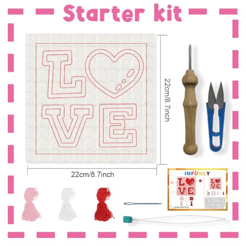 INFUNLY Red Love Punch Needle Kit Passionate Love DIY Embroidery Punch Needle Set for Adults Square 9.4" Punches Stitching Starter Kits with Easy to Follow Instructions Yarns Festival Gift Home Decor - style: Red Love