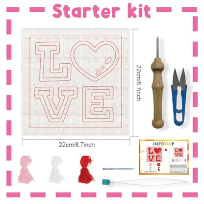 INFUNLY Red Love Punch Needle Kit Passionate Love DIY Embroidery Punch Needle Set for Adults Square 9.4" Punches Stitching Starter Kits with Easy to Follow Instructions Yarns Festival Gift Home Decor - style: Red Love