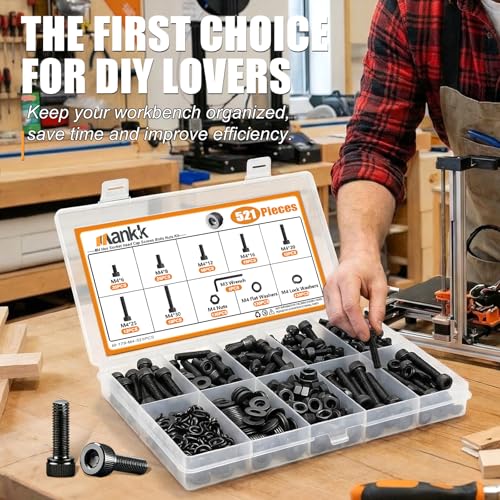 mankk 521PCS M4 Bolts Assortment Kit, Hex Socket Head Cap Hardware - size: M4, style: Hex Socket Cap