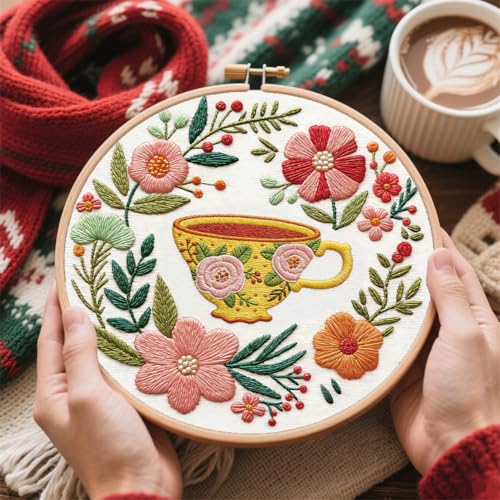 FREEBLOSS 4 Set Embroidery Kit for Adult Beginners Floral Coffee Tea Stamped Patterns Embroidery Starter Kit with Instructions Hand Needlepoint Starter Set Cross Stitch Kits for Women Craft 7.9inch