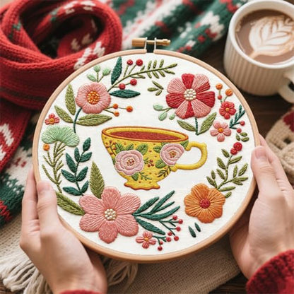 FREEBLOSS 4 Set Embroidery Kit for Adult Beginners Floral Coffee Tea Stamped Patterns Embroidery Starter Kit with Instructions Hand Needlepoint Starter Set Cross Stitch Kits for Women Craft 7.9inch
