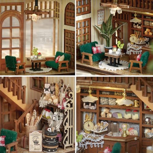 Mini 3D Wooden Doll House Craft Model with LED,DIY Miniature and Furniture Dollhouse Kit,Creative Room Idea for Valentine's Day Birthday Gift (Bagel Time) - color: Bagel Time