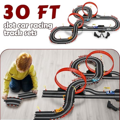 30 FT Slot Car Race Tracks Sets Toys for Ages 8-10,1:43 Dual Race Car Track