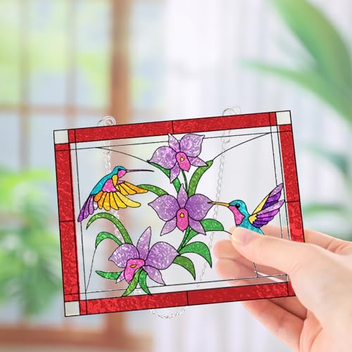 Humyoun 65 Pcs Stained Glass Painting Starter Kit for Adults DIY Window Paint Art Crafts Including 7 Colors 18 Suncatchers 18 Patterns 18 Chains and 4 Tool for Home Activities DIY Project Party