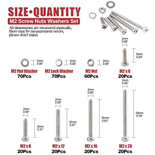 Hilitchi 300-Piece M2 Phillips Pan Head Screws Bolt Nut Lock Flat Washers Assortment Kit, 304 Stainless Steel - color: M2