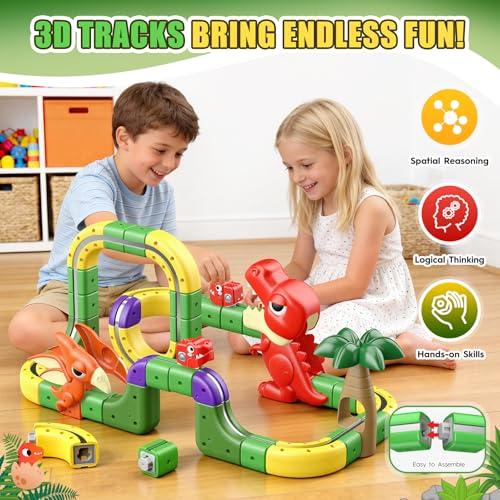 Dinosaur Magnetic Train Set Toys for Kids 3-5: 115PCS 3D Infinity Racer Cube Tracks Anti-Gravity Rail Electric Train Track Birthday Gifts Toys for 3 4 5 6 7 8 Year Old Boys Girl - size: Advanced Set(115PCS)