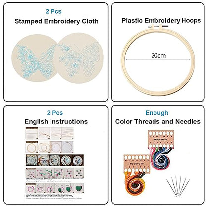 Konrisa Embroidery Starter Kits with Butterfly Flower Pattern, Stamped Cross Stitch Kits for Beginners Adults DIY Sewing Include Embroidery Hoop Embroidery Fabric Threads and Needles,Set of 2 - color: Butterfly01