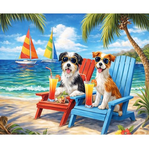 Beach Dog Diamond Art Kits for Adults, Funny Animal Diamond Painting Kits - color: HS034-1