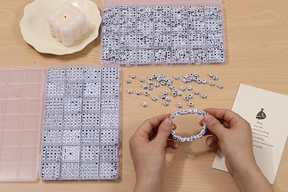 730pcs Square Letter Beads, 28 Styles Friendship Bracelet Kit, 6x6 mm Acrylic Alphabet Beads for Bracelet and Jewelry Making(White and Black)
