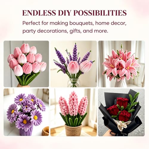 1050 Pcs Pipe Cleaner Flower Kit, Complete DIY Flower Bouquet Making Kit, - color: Colour1000