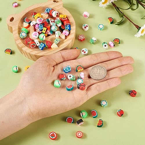 200Pcs Fruit Flower Clay Apple Strawberry Lemon Peach Watermelon Polymer Clay Daisy Cactus Butterfly Ladybug Clay Spacer Beads for DIY Bracelet Necklace Jewelry Making - color: Mixed Shape