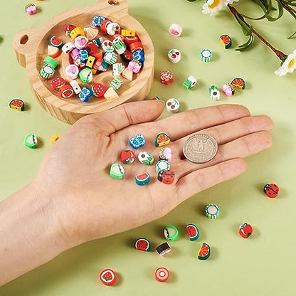 200Pcs Fruit Flower Clay Apple Strawberry Lemon Peach Watermelon Polymer Clay Daisy Cactus Butterfly Ladybug Clay Spacer Beads for DIY Bracelet Necklace Jewelry Making - color: Mixed Shape