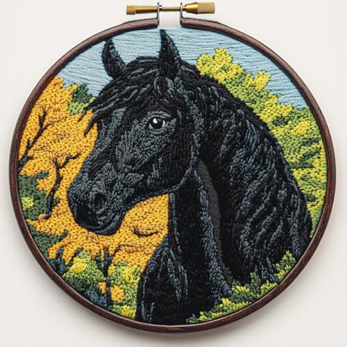 DIY Punch Needle Kits Cartoon Black Horse and Tree with Hoop 20x20cm-1 - color: 14-Black Horse